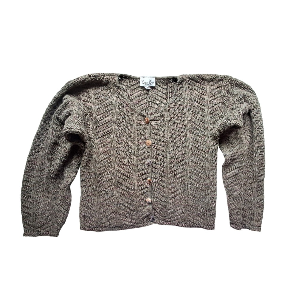 Reba Rose Vintage 90s Olive Green Chevron Knit Cardigan Sweater USA Small